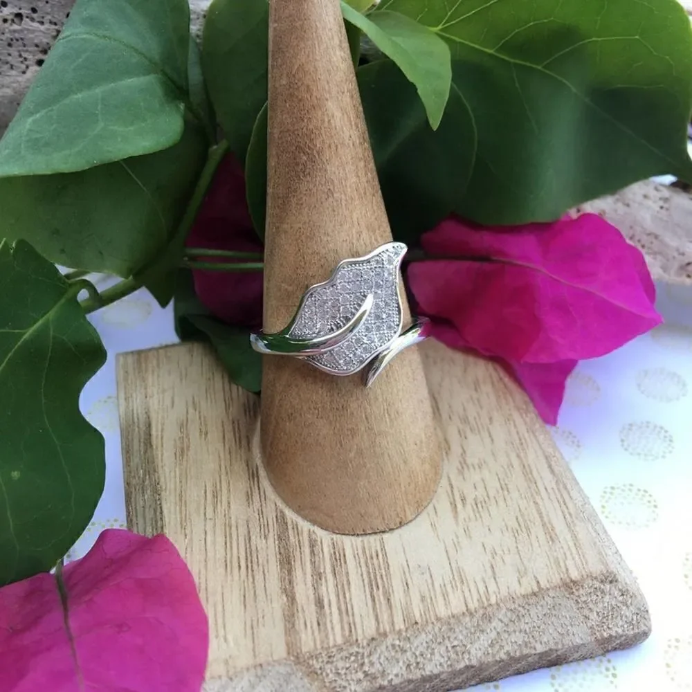 Micro Pave Cz Diamond Leaf Sterling Silver Ring Size 11